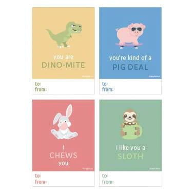 Love Notes - Animal Collection - Set of four colorful square greeting cards featuring cute animal illustrations and playful Valentine messages.