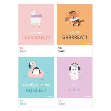 Love Notes - Animal Collection - Set of four unique handmade Canadian greeting cards featuring colorful animal illustrations and playful messages for kids.