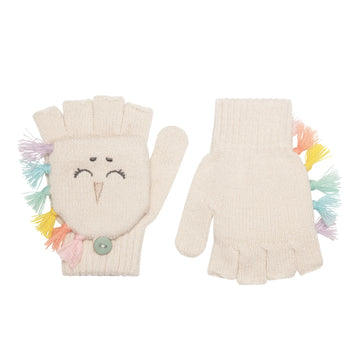 Rainbow Unicorn Knitted Gloves - Handmade Canadian cream knitted fingerless gloves with rainbow unicorn mane and embroidered face, unique gift for kids.