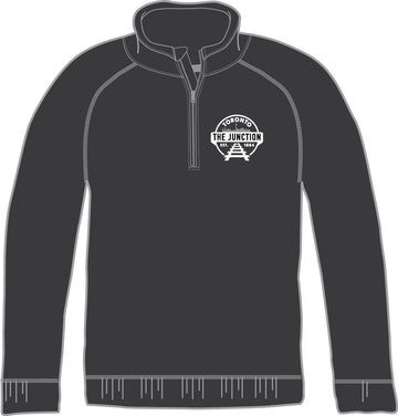 The Junction Toronto 1/4 Zip Sweater | Campus Crew - Black 1/4 zip sweater with white "The Junction Toronto" logo, handmade Canadian gift.