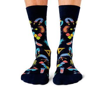 Men's Mad Scientist Socks - Men's black socks with colorful mad scientist lab equipment pattern, unique handmade Canadian gift.