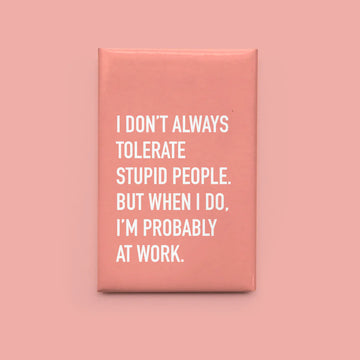 Tolerate People Magnet - Pink rectangular magnet with white text humorously stating tolerance for stupid people, unique handmade Canadian gift.