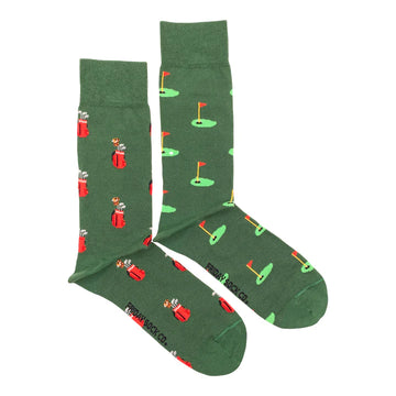 Men’s Socks | Golf | Leisure | Fun Socks - Green men’s socks with playful golf bag and flagstick patterns, unique handmade Canadian gift.