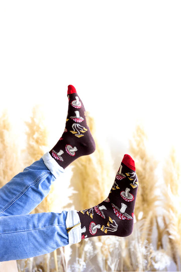 Men's Mushroom Magic Socks - Men's handmade Canadian socks with colorful mushroom pattern and red heel, perfect unique gift.