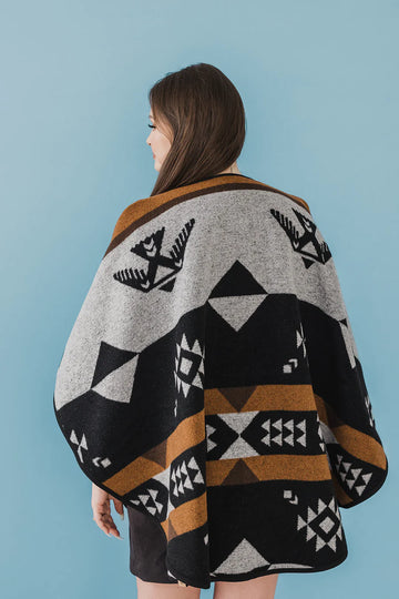 Mini Tipi Reversible Shawl (Indigenous Designed) - various patterns - Reversible handmade shawl with Thunderbird pattern in black, white, and brown, Canadian Indigenous design, unique gift.