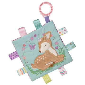 Taggies Crinkle Me Square - Handmade Canadian baby crinkle toy with embroidered deer and colorful sensory tags, unique gift.