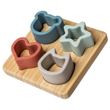 Simply Silicone Bamboo Sorter - 4x4" - Handmade Canadian bamboo tray with four unique silicone shape sorters in muted blue, green, red, and gray colors, perfect.