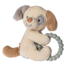 Teether Rattle - Sparky Puppy - Handmade Canadian baby teether rattle shaped like a soft beige puppy with gray and brown ears and a gray silicone bead ring.