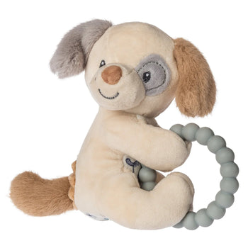 Teether Rattle - Sparky Puppy - Handmade Canadian baby teether rattle shaped like a soft beige puppy with gray and brown ears and a gray silicone bead ring.