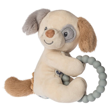 Teether Rattle - Sparky Puppy - Handmade Canadian baby teether rattle shaped like a soft beige puppy with gray and brown ears and a gray silicone bead ring.