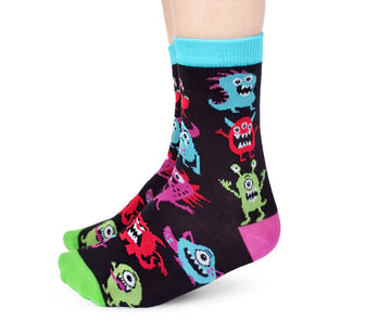 Kids Monster Mash Socks - Black kids socks with colorful handmade monster characters in blue, green, red, and pink, Canadian unique gift design.