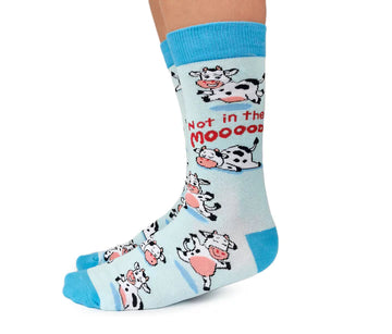 Women's Moody Cow Socks - Light blue handmade Canadian socks with moody cow pattern and "Not in the mooooo" text, unique gift idea.