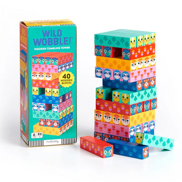 Wild Wobble! Wooden Tumbling Tower - Colorful handmade Canadian wooden tumbling tower game with animal faces, unique gift for kids.