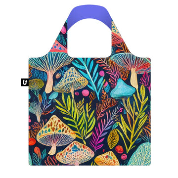 Mushroom Magic Tote Bag - Colorful mushroom and leaf pattern handmade Canadian tote bag, unique gift accessory with vibrant blue handles.