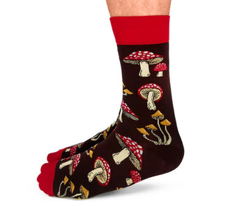 Men's Mushroom Magic Socks - Black crew socks with red toes and cuffs, featuring unique handmade red and white mushroom patterns, Canadian gift style.