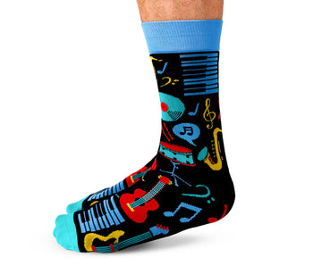 Men's Music Mania Socks - Black crew socks with colorful music notes, a guitar, piano keys, and saxophone, blue cuff and toe, unique handmade Canadian .