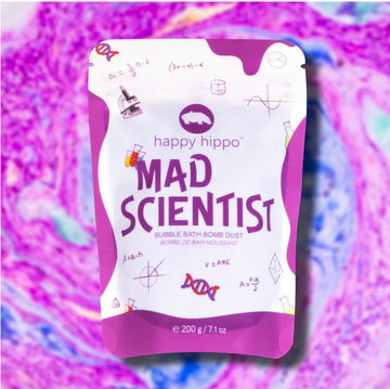 Mad Scientist - bubble bomb dust - Purple and white Mad Scientist bubble bath bomb dust pouch with playful scientific doodles, unique Canadian handmade gift.