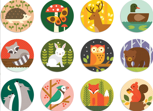 Forest Animals Matching Game - Colorful round wooden tiles featuring handmade Canadian forest animals matching game gift with owl, fox, rabbit, and raccoon .