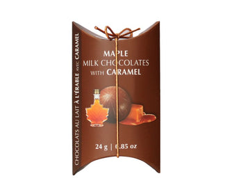 MADE Chocolate Pillow Boxes (Maple or Ice Wine) - Handmade Canadian maple milk chocolates with caramel in unique brown pillow box gift packaging.