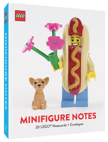 LEGO Minifigure Notes - LEGO Minifigure Notes set featuring hot dog costume figure holding flowers and a small dog, unique handmade Canadian gift.