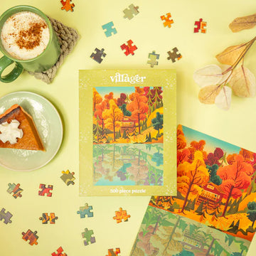 Villager Puzzles | Muskoka Leaves | 500-Piece Puzzle for Adults - Villager Puzzles Muskoka Leaves 500-piece Canadian handmade puzzle with autumn forest reflecting on water, unique gift.