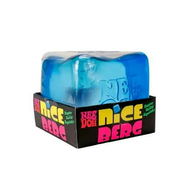 NeeDoh Nice Berg - Blue translucent NeeDoh Nice Berg stress toy in colorful Canadian handmade gift packaging.