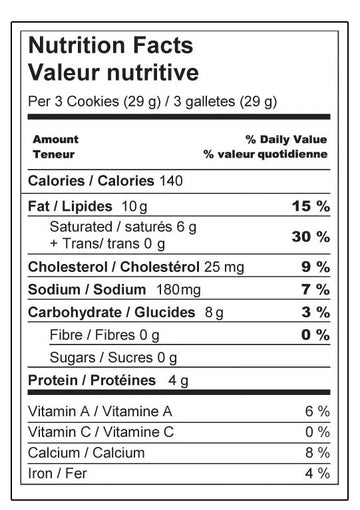 Canadian Cheddar Shortbread Cookies | Sprucewood Handmade Cookie Co - Nutrition facts label for Canadian Cheddar Shortbread Cookies by Sprucewood Handmade Cookie Co.