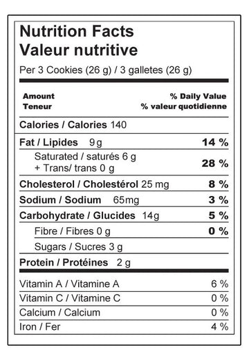 Maple Shortbread Cookies | Sprucewood Handmade Cookie Co - Maple shortbread cookie nutrition facts label with calories, fat, sodium, and vitamins details.