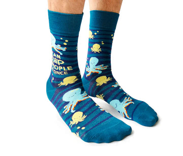 Men's Obscene Octopus Socks - Teal men's socks with playful yellow and blue octopus design, unique handmade Canadian gift.