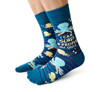 Men's Obscene Octopus Socks - Teal socks with playful octopus and crab design, text "I can sleep 8 people at once," unique handmade Canadian gift.