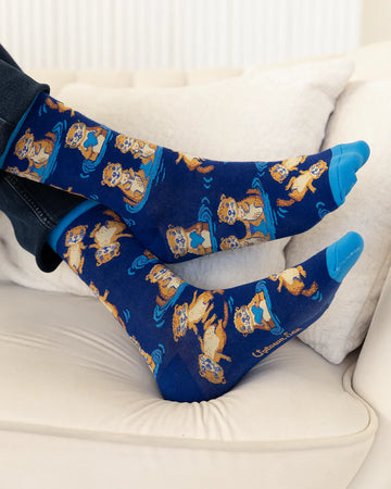 Men's Otterly Adorable Socks - Blue men's socks with cartoon otter wearing glasses, handmade Canadian gift design.