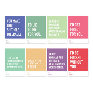 Love Notes - Office Collection - Set of six handmade Canadian greeting cards with bold colors and cheeky, humorous office-themed messages, perfect unique.