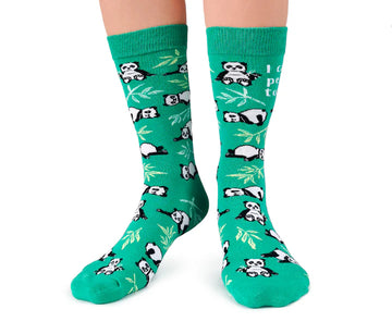 Women's Passive Panda Socks - Green crew socks featuring playful panda illustrations and "I do paws" text, unique handmade Canadian gift.