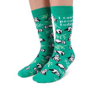 Women's Passive Panda Socks - Green crew socks with playful black and white panda pattern and "I can't people today" text, handmade Canadian gift idea.