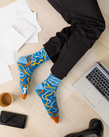 Men's Pointless Meeting Socks - Men’s colorful abstract pattern socks with blue, orange, and yellow accents, handmade Canadian gift design.