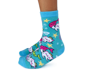 Kids Purr-Maid Socks - Blue kids socks with colorful purr-maid cat design, handmade Canadian gift, unique style.