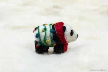 Needle Felted Holiday Panda with Lights Ornament - Handmade needle felted panda ornament wrapped in holiday lights with red scarf, unique Canadian gift.
