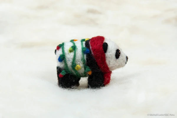 Needle Felted Holiday Panda with Lights Ornament