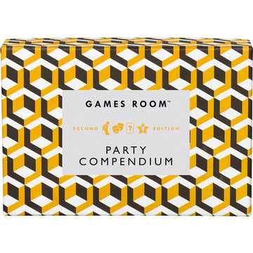 Party Compendium (Card Game) - Unique handmade Canadian Party Compendium card game with bold yellow, black, and white geometric design gift box.