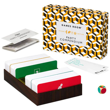 Party Compendium (Card Game) - Party Compendium card game with handmade wooden tray, colorful cards, and Canadian-themed packaging gift.