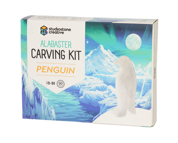 Penguin Alabaster Carving Kit - Penguin alabaster carving kit with Canadian northern lights design, unique handmade gift packaging.