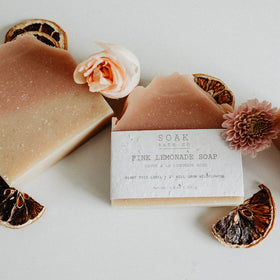 Pink Lemonade Soap Bar - Handmade Canadian pink lemonade soap bar with floral and citrus accents, unique gift design.
