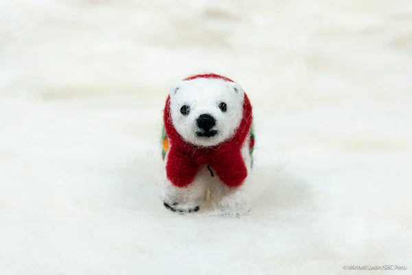 Needle Felted Holiday Polar Bear with Lights Ornament