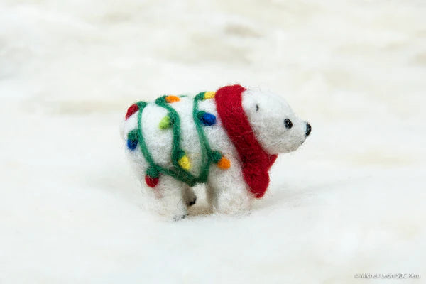 Needle Felted Holiday Polar Bear with Lights Ornament