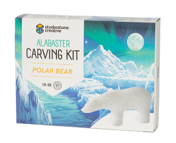 Polar Bear Alabaster Carving Kit - Polar bear alabaster carving kit with white stone bear and Arctic landscape box, unique Canadian DIY gift.