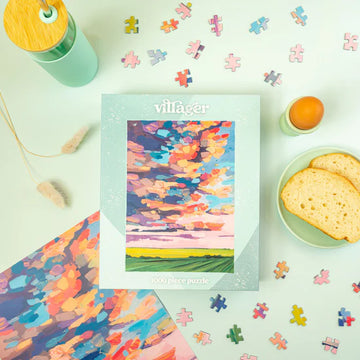 Villager Puzzles | Prairie Sky | 1000-Piece Puzzle for Adults - Villager Puzzles Prairie Sky 1000-piece handmade Canadian jigsaw puzzle with colorful sky design, unique gift.