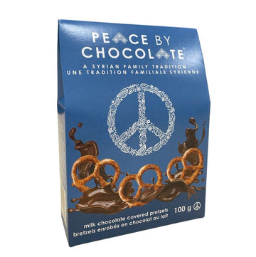 Chocolate Covered Pretzels (Peace by Chocolate) - Blue box of Peace by Chocolate Canadian handmade milk chocolate covered pretzels, gourmet gift packaging.