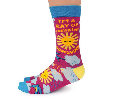 Women's Ray of Sunshine Socks - Colorful handmade Canadian socks with sun and cloud design, perfect unique gift.