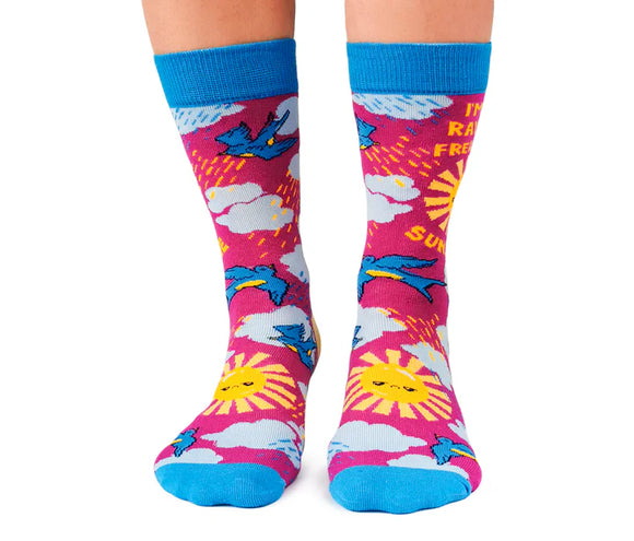 Women's Ray of Sunshine Socks - Colorful handmade Canadian socks with sun and bird design, unique gift for women.