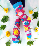 Women's Ray of Sunshine Socks - Bright colorful handmade socks featuring sun, clouds, and rainbows, unique Canadian gift design.